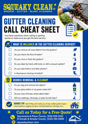 Gutter cleaning question cheat sheet from Squeaky Clean for homeowners comparing local gutter cleaning services.