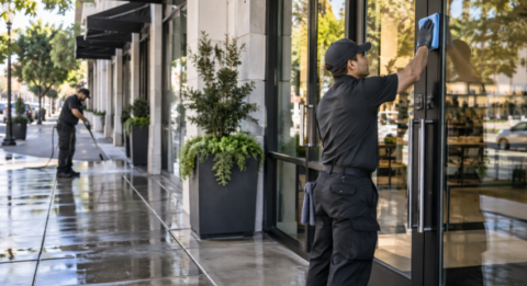 Commercial cleaning crew washing storefront windows and the sidewalk outside a Sacramento business.