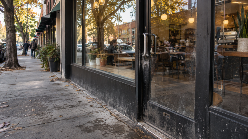 Dirty glass storefront and sidewalk outside a street-facing Midtown Sacramento business.